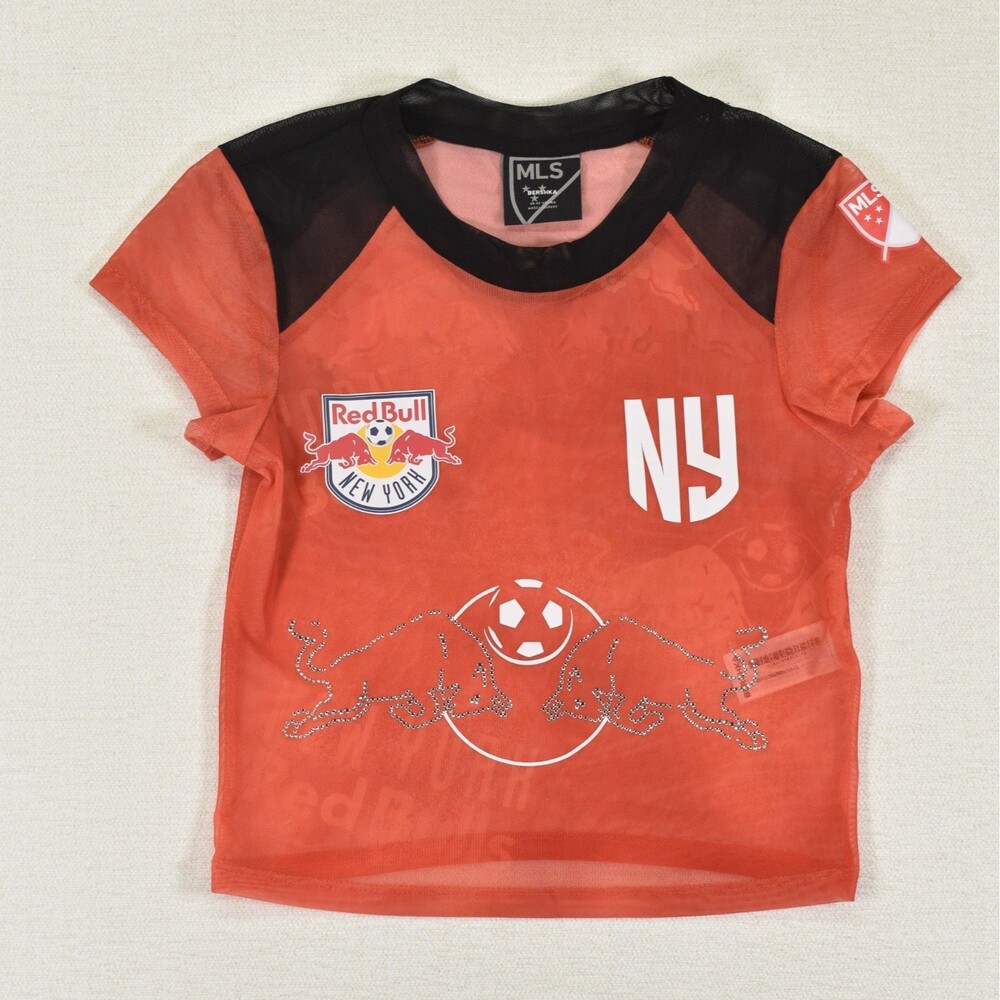 New York Red Bulls Girls Shirt Size M 10-12 Red Mesh Cropped Rhinestone MLS
